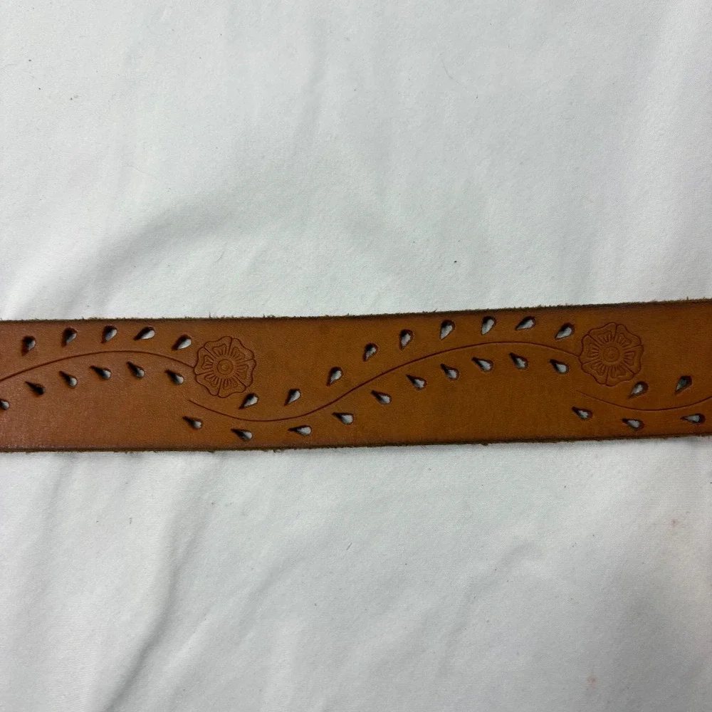 Brown Leather Perforated Floral Vine Boho Western Belt Gunmetal Buckle 44 Inch